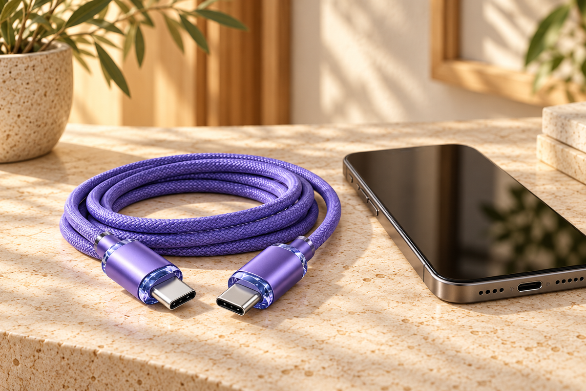Câble tressé violet USB-C vers USB-C présenté à côté d’un téléphone sur un bureau clair