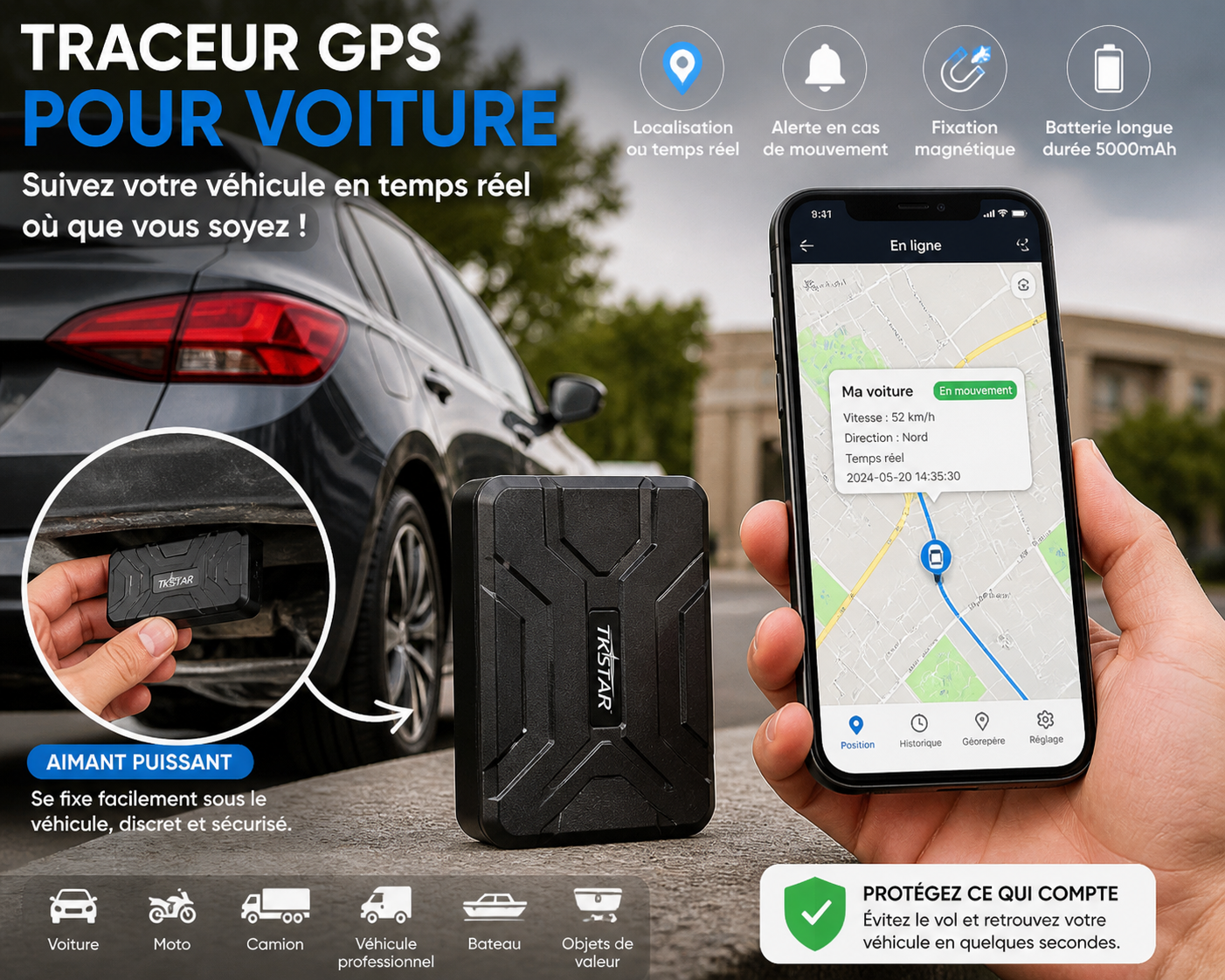 Traceur GPS 4G Discret – Suivi en Temps Réel | Voiture, Scooter, Moto