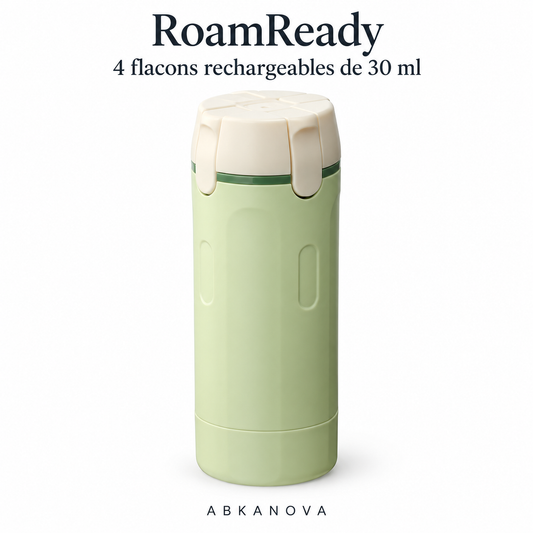 RoamReady vert clair et dessus crème — quatre flacons rechargeables de 30 ml