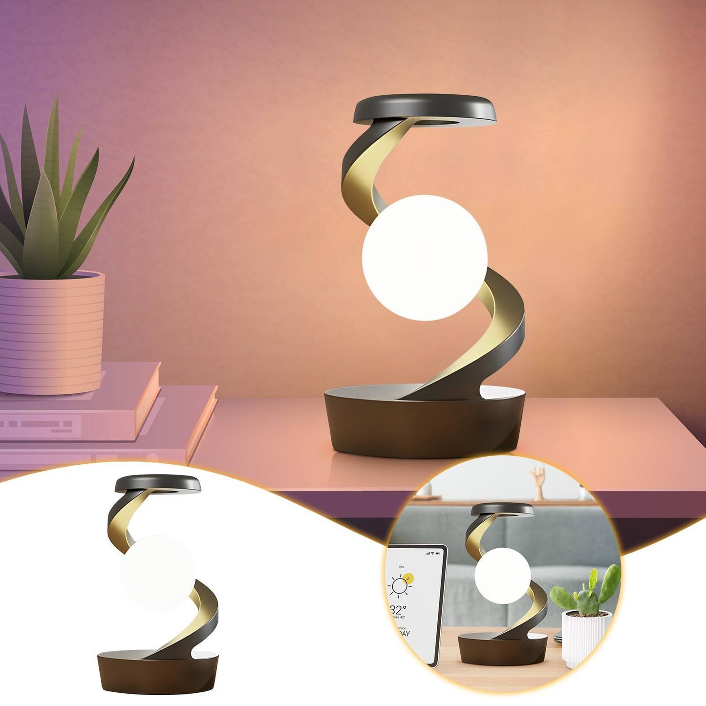 LuneLumineuse – Lampe de Bureau Lune Rotative | Éclairage & Charge Sans Fil Intégrée
