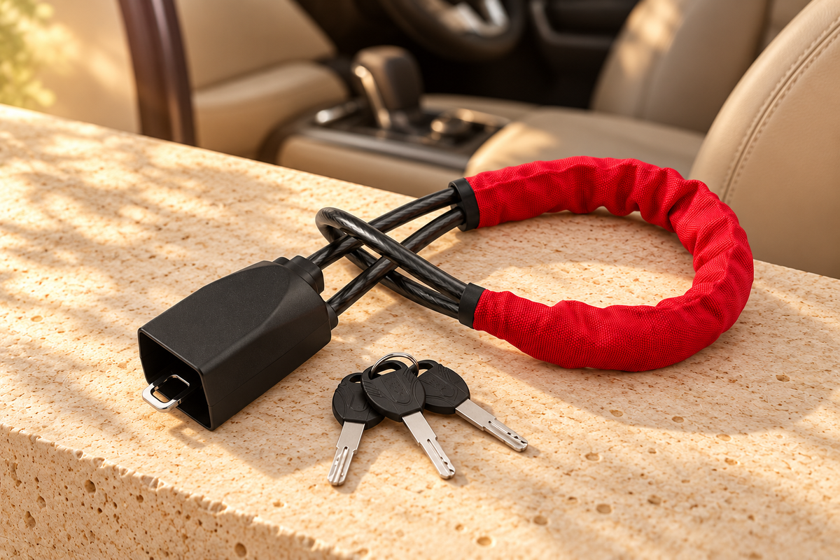 Antivol à câble rouge et clés sur un décor clair devant un intérieur de voiture