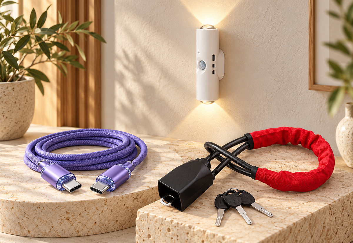 Accessoires ABKANOVA : câble USB-C violet, antivol de volant rouge et veilleuse murale sur un décor clair