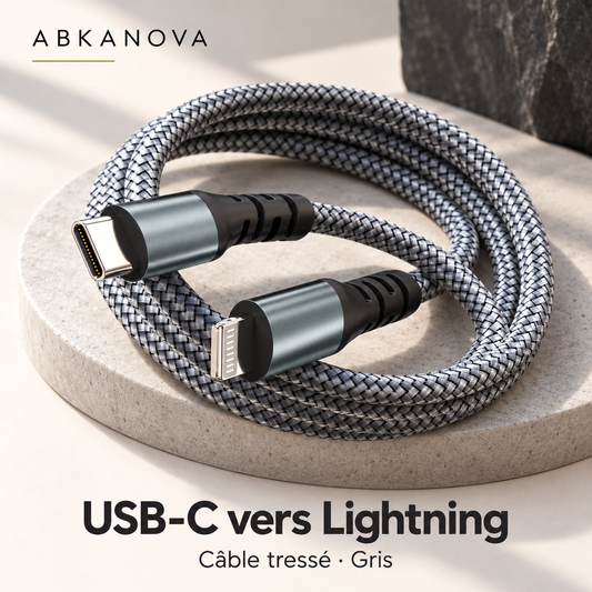 Câble tressé gris USB-C vers Lightning présenté sur un socle clair — ABKANOVA