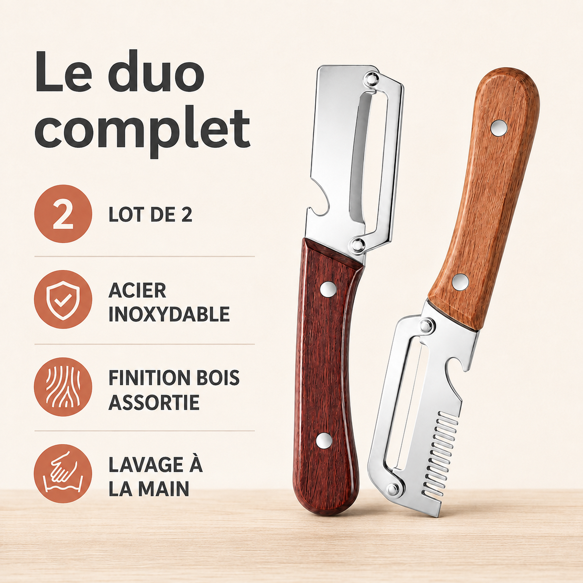 Duo Éplucheurs 3-en-1 ABKANOVA – Lame lisse & julienne