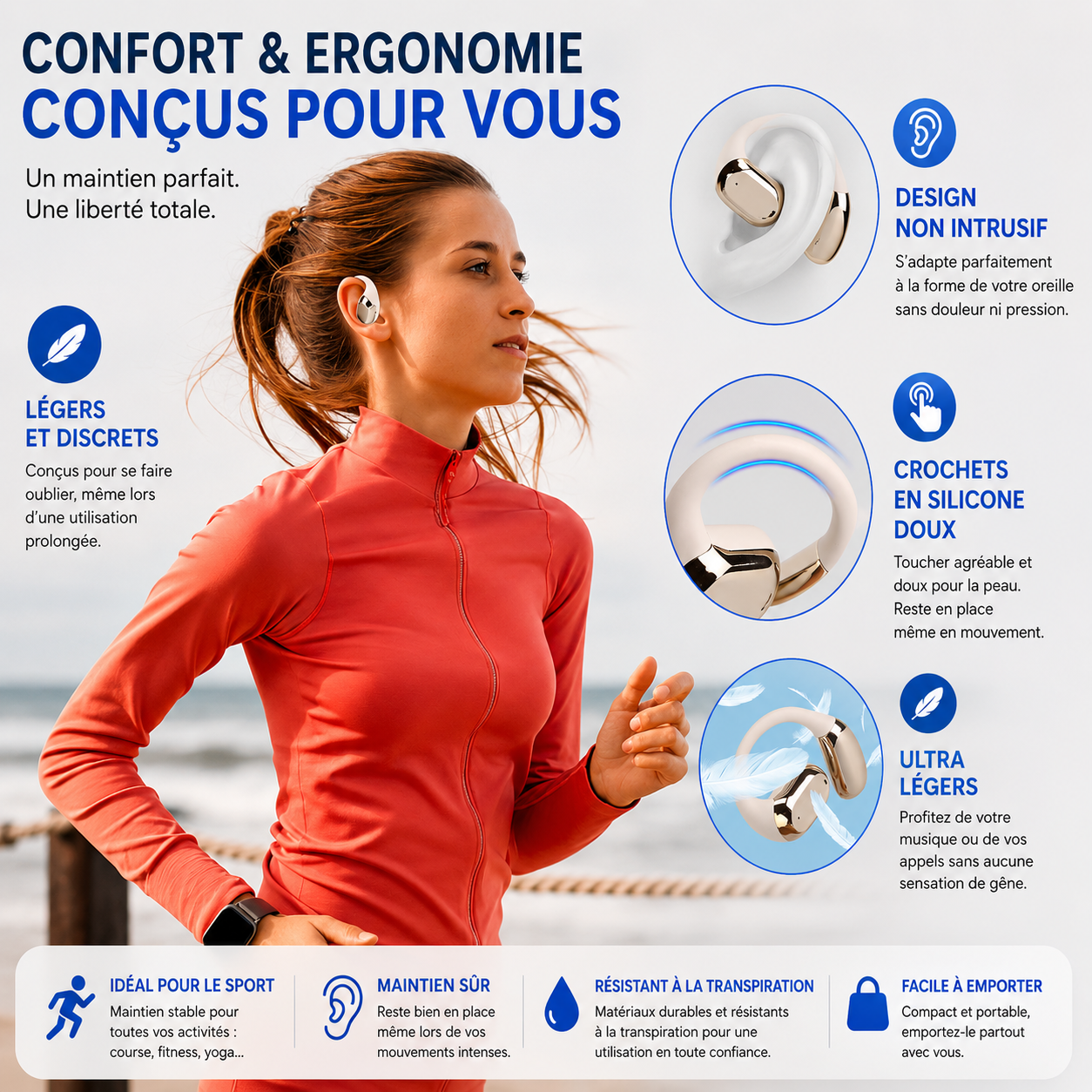 Femme running avec écouteurs AeroClip™ Pro – confort et ergonomie sport