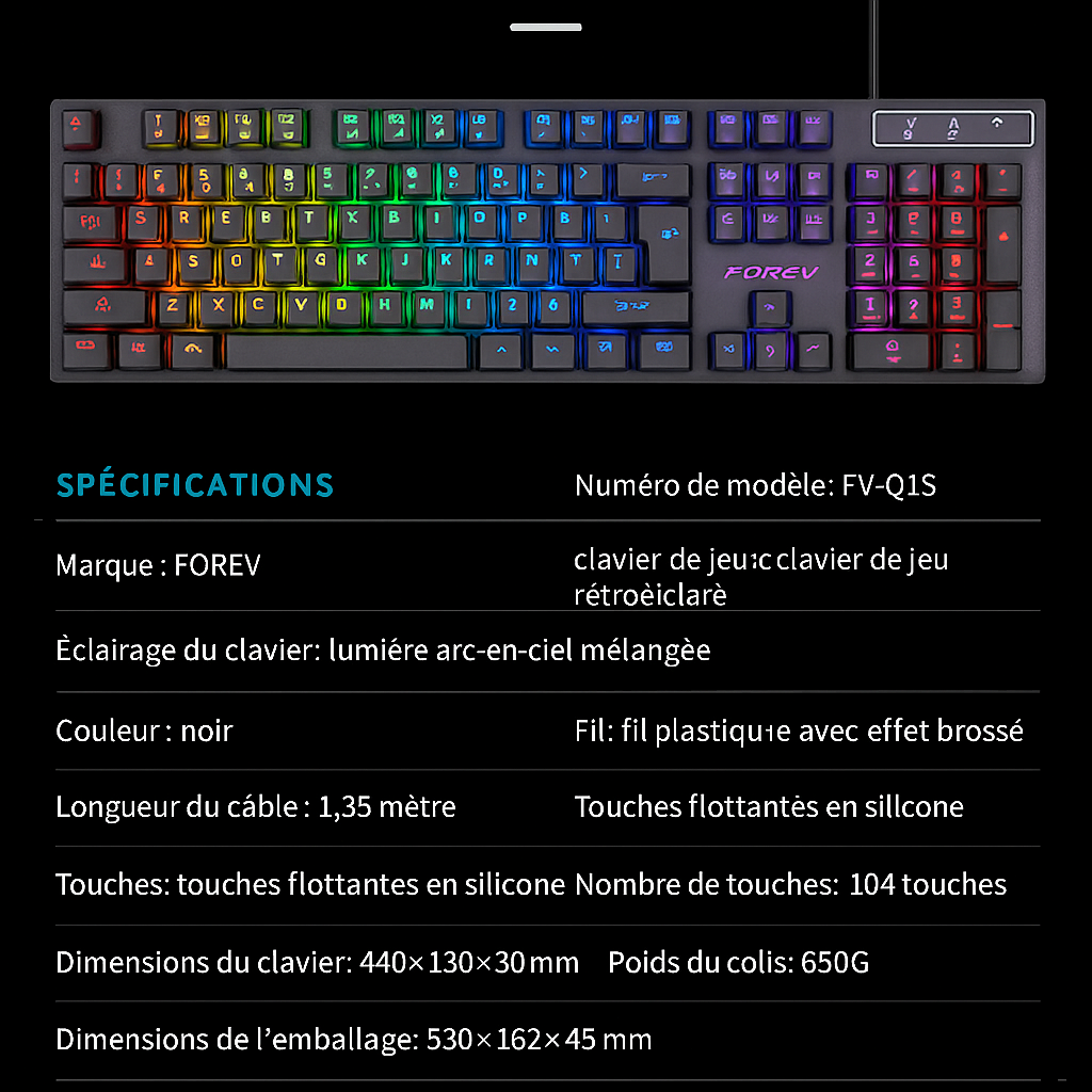 Clavier Portable 104 Touches Rétro‑Éclairé – Idéal pour Gaming & Souris de Jeu