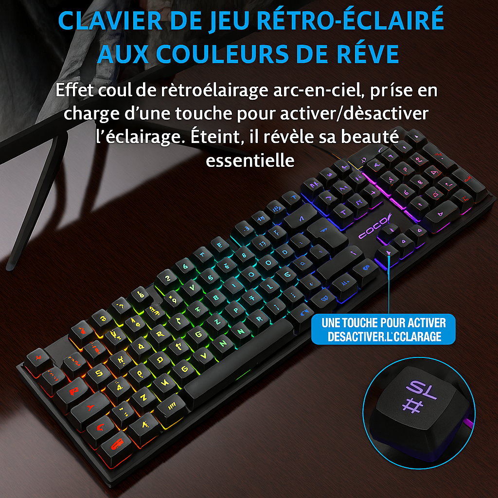 Clavier Portable 104 Touches Rétro‑Éclairé – Idéal pour Gaming & Souris de Jeu