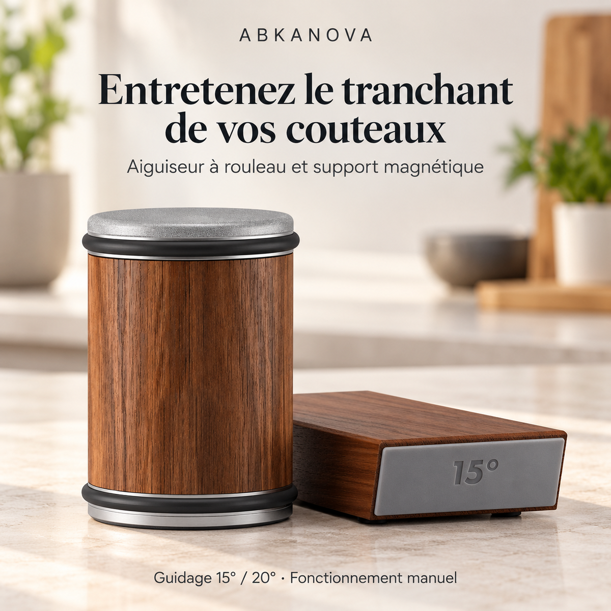 Aiguiseur à rouleau et support magnétique en bois foncé, guidage à 15° et 20°.