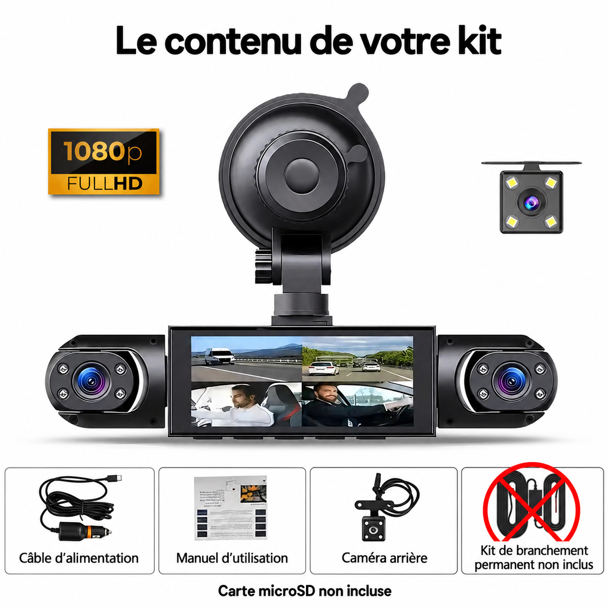 Contenu du kit caméra embarquée sans carte microSD ni branchement permanent