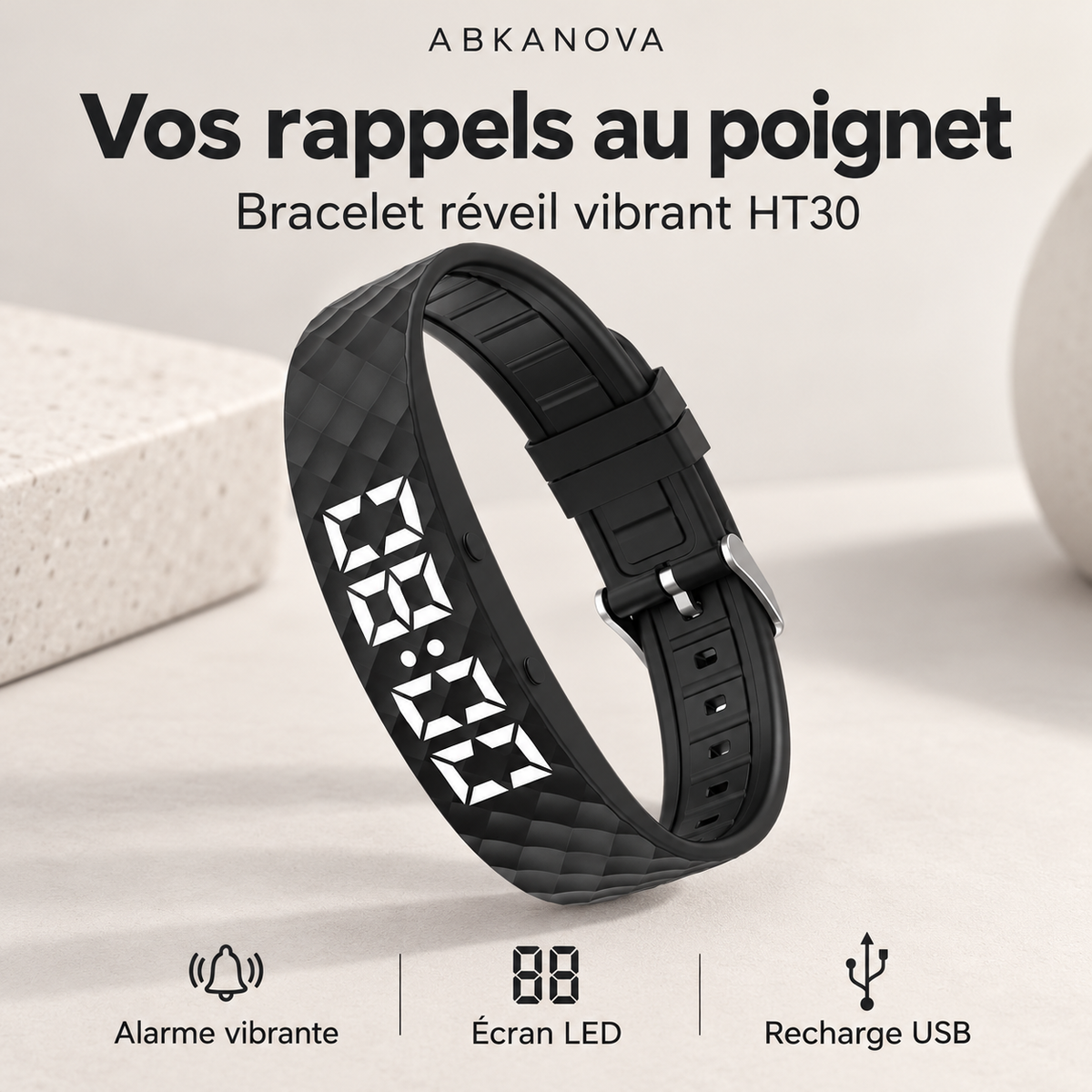 Bracelet réveil vibrant HT30 noir — alarme vibrante, écran LED et recharge USB