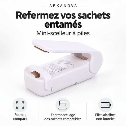 Mini-scelleur blanc ABKANOVA — format compact, piles alcalines non fournies.