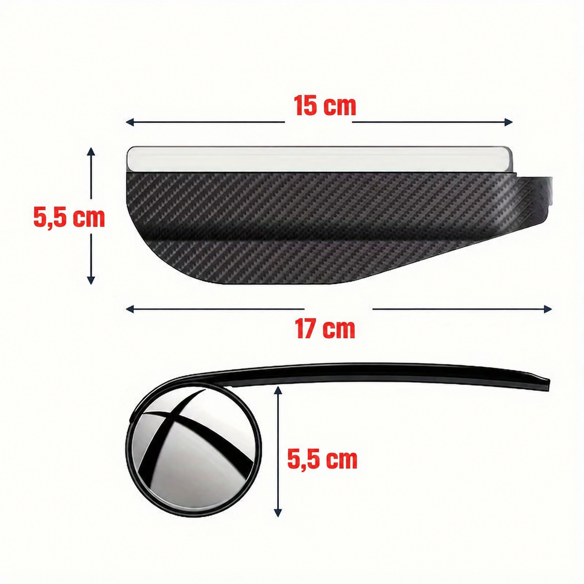 Dimensions annoncées par le fournisseur : visière 17 cm, bande adhésive 15 cm et miroir 5,5 cm