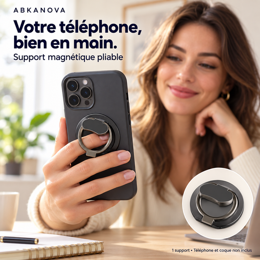 Support magnétique noir pliable utilisé comme anneau de prise en main, téléphone et coque non inclus