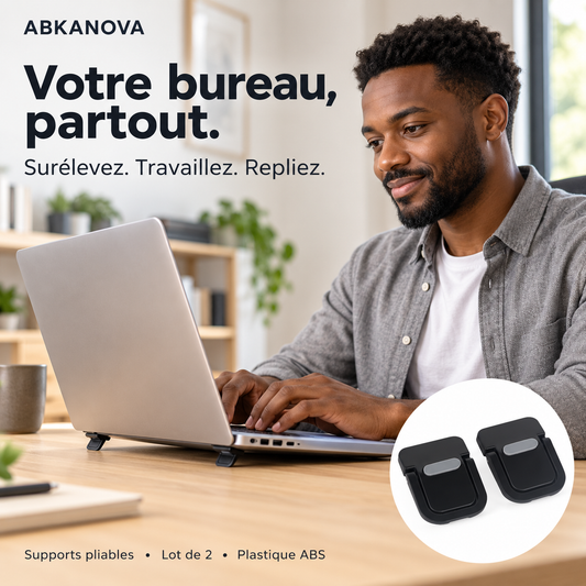 Homme au bureau utilisant les supports pliables noirs ABKANOVA