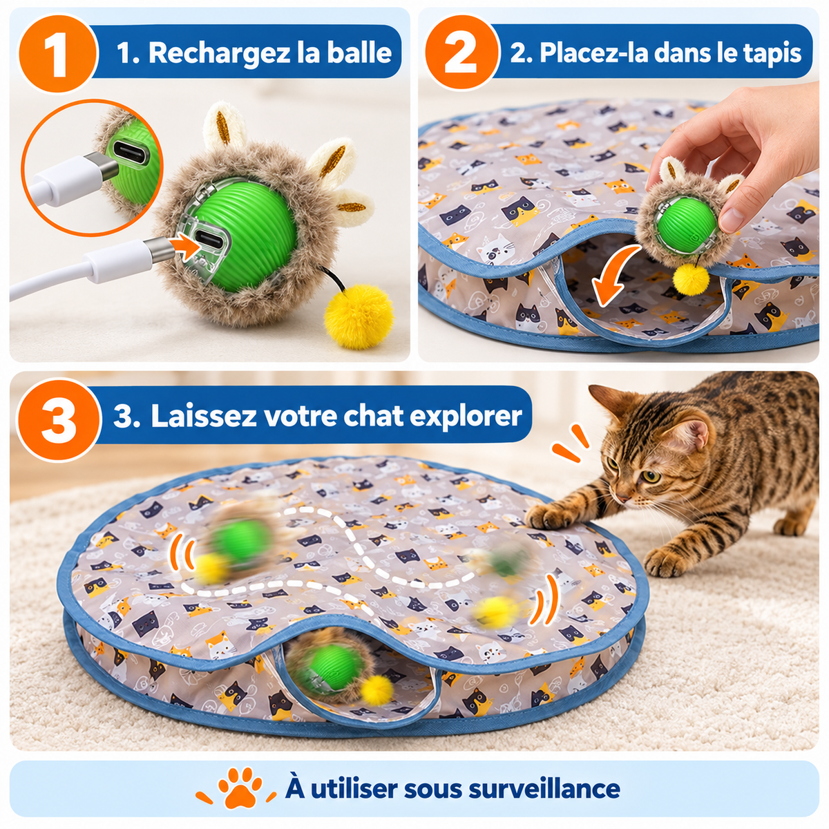 Mode d’emploi du tapis et de la balle interactive pour chat
