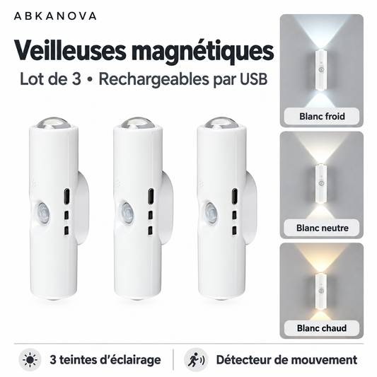 Lot de trois veilleuses murales magnétiques rechargeables, trois teintes de lumière